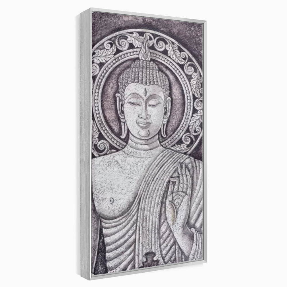 Tablou canvas cu tablou canvas cu chipul lui buddha, in rama de aluminiu argintiu